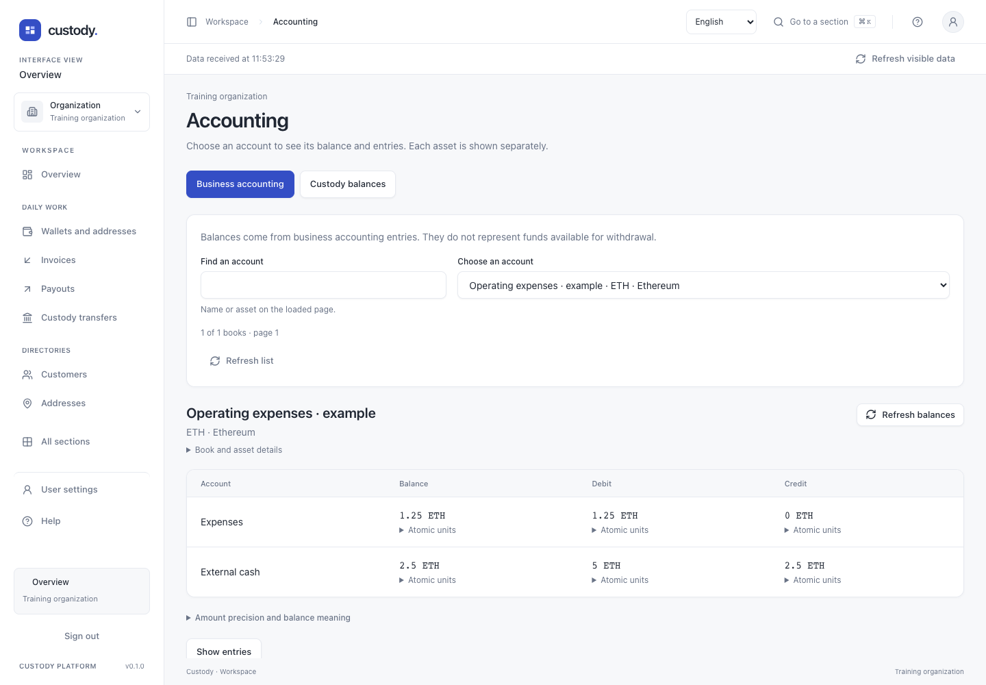 Accounting — Actual interface captured with fictional training data. This is not a user account or evidence of a real payment.