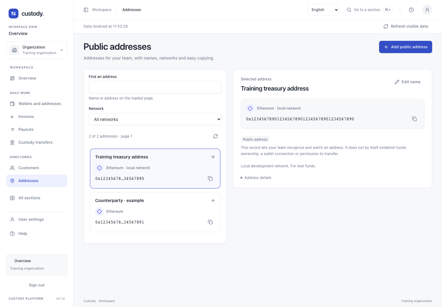 Public addresses — Actual interface captured with fictional training data. This is not a user account or evidence of a real payment.