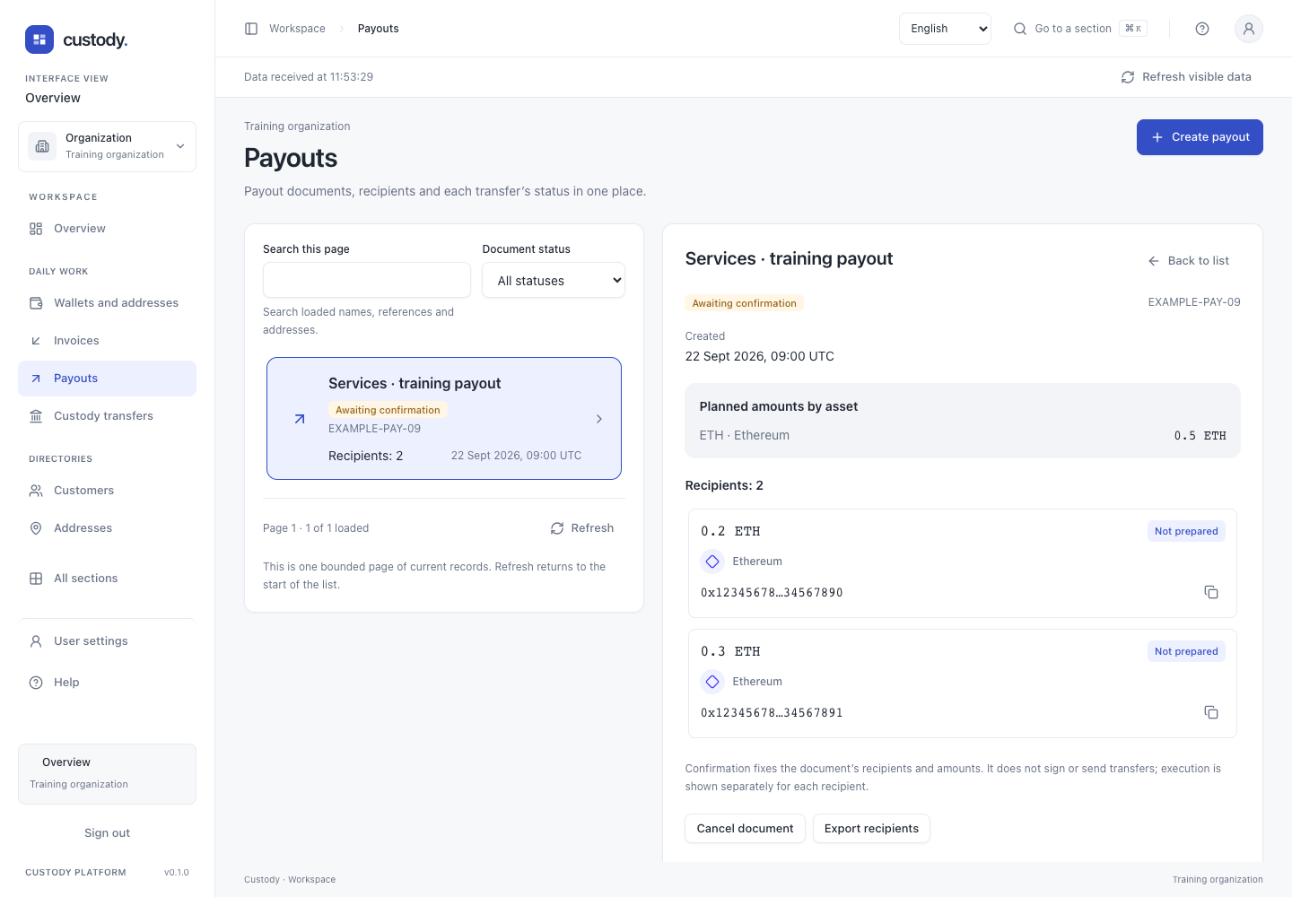 Payouts — Actual interface captured with fictional training data. This is not a user account or evidence of a real payment.