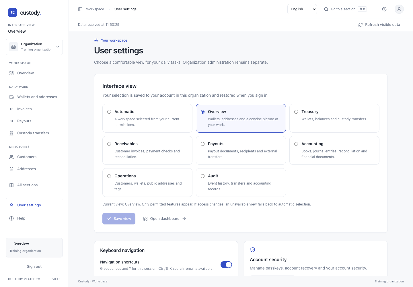 User settings and views — Actual interface captured with fictional training data. This is not a user account or evidence of a real payment.