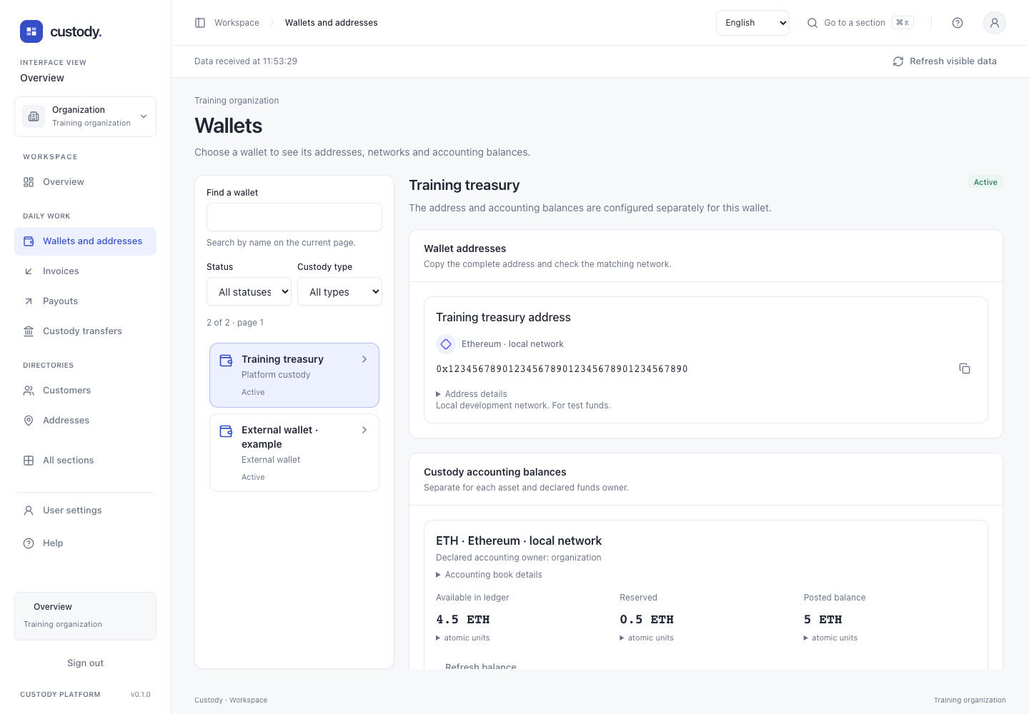Wallets and addresses — Actual interface captured with fictional training data. This is not a user account or evidence of a real payment.