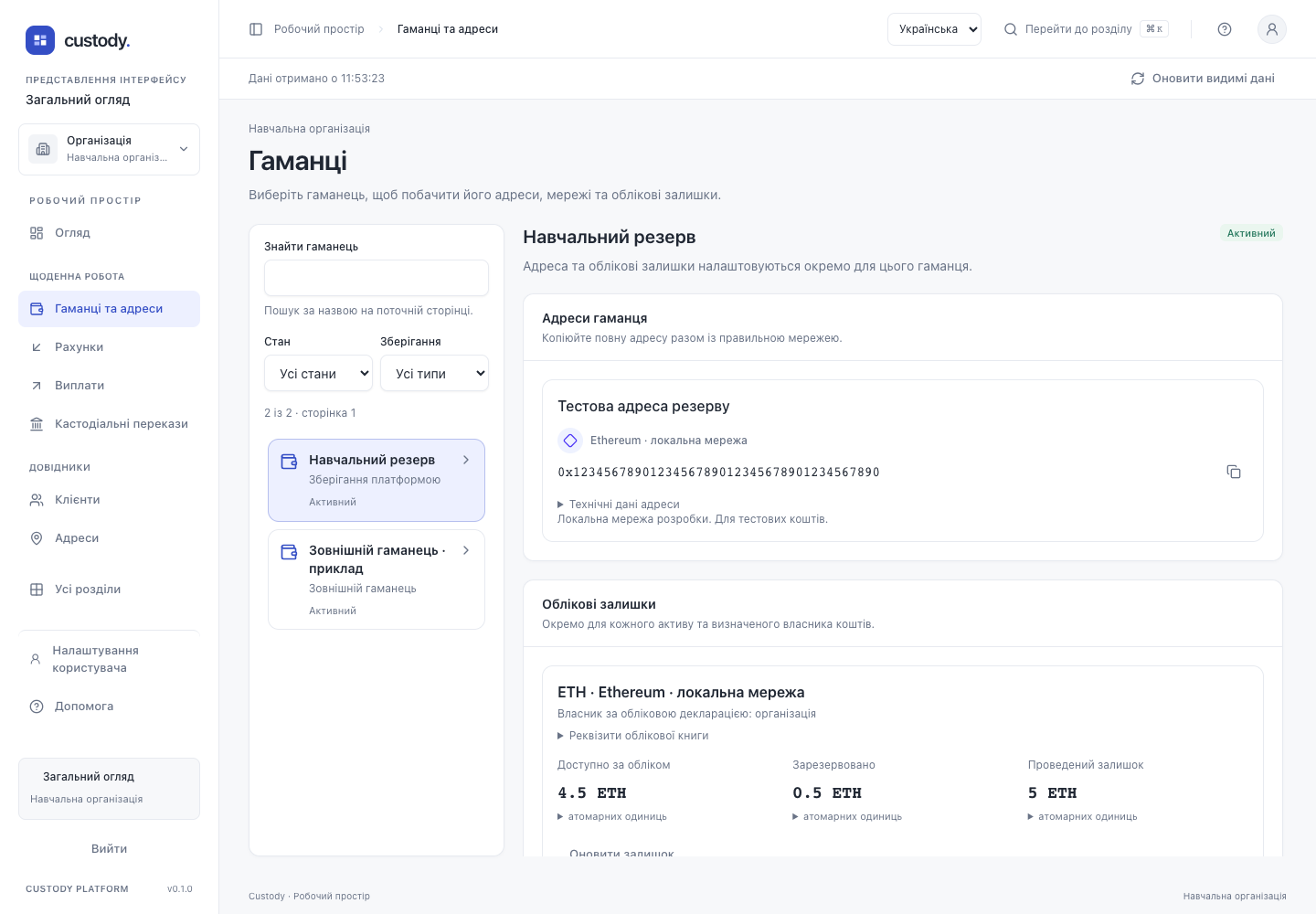 Гаманці та адреси — Скриншот реального інтерфейсу з навчальними даними. Це не обліковий запис користувача й не доказ реального платежу.